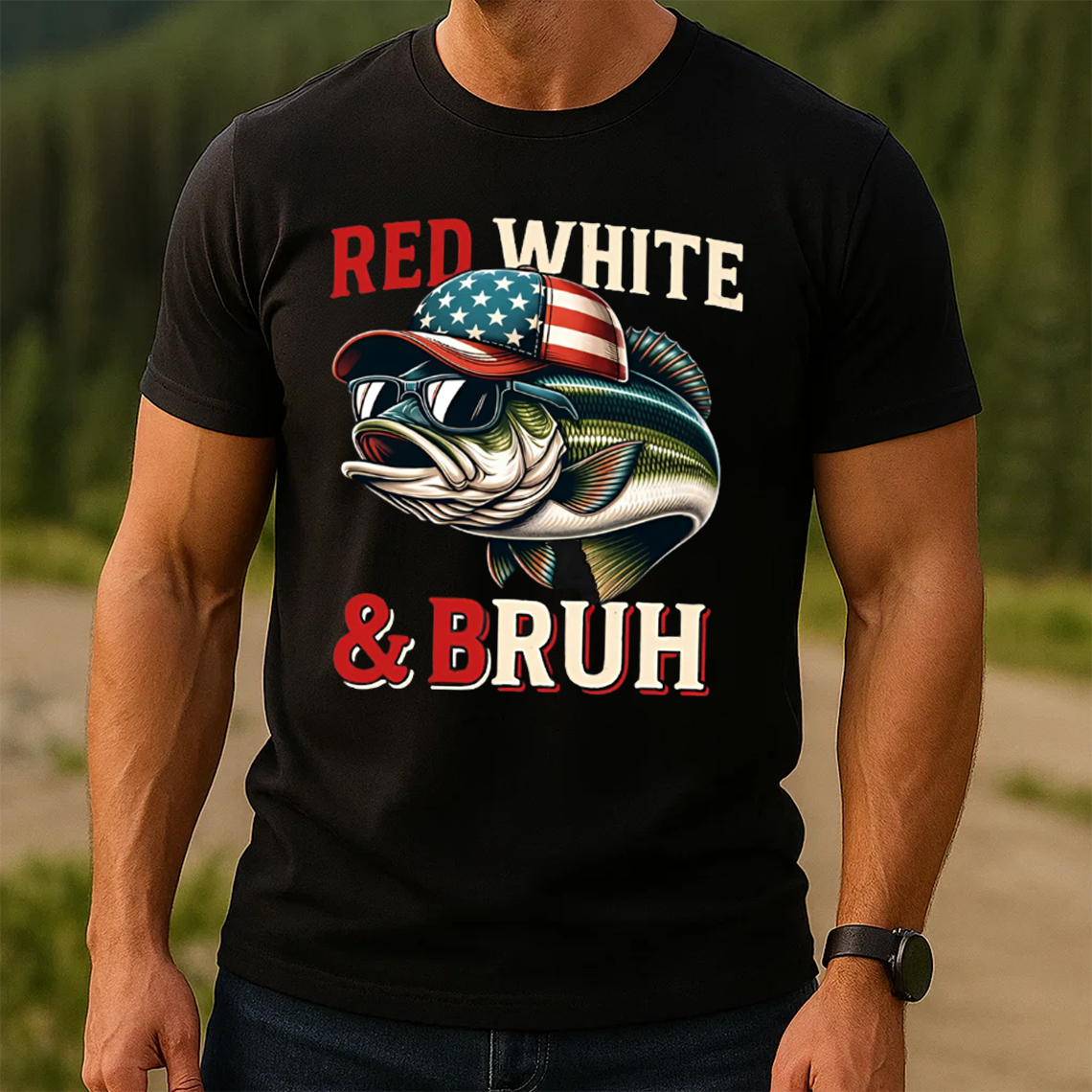 Red White & Bruh T-Shirt, Funny Patriotic Fishing Shirt, American Flag Bass Fishing Tee