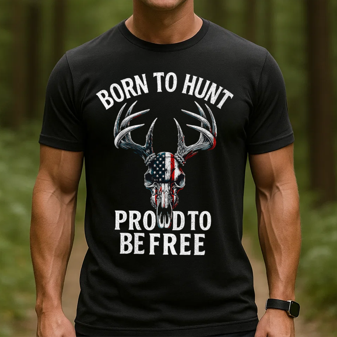 Born to Hunt Proud to Be Free T-Shirt, Patriotic Deer Skull Hunting Shirt with American Flag