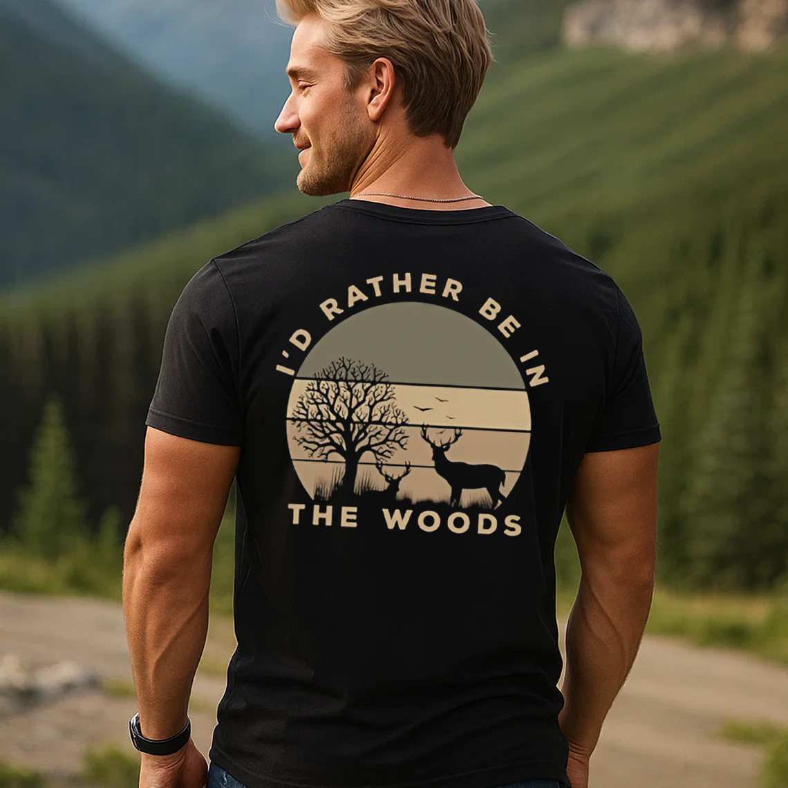 I'd Rather Be in The Woods T-Shirt, Funny Deer Hunting Shirt for Outdoorsmen, Nature & Camping Lovers