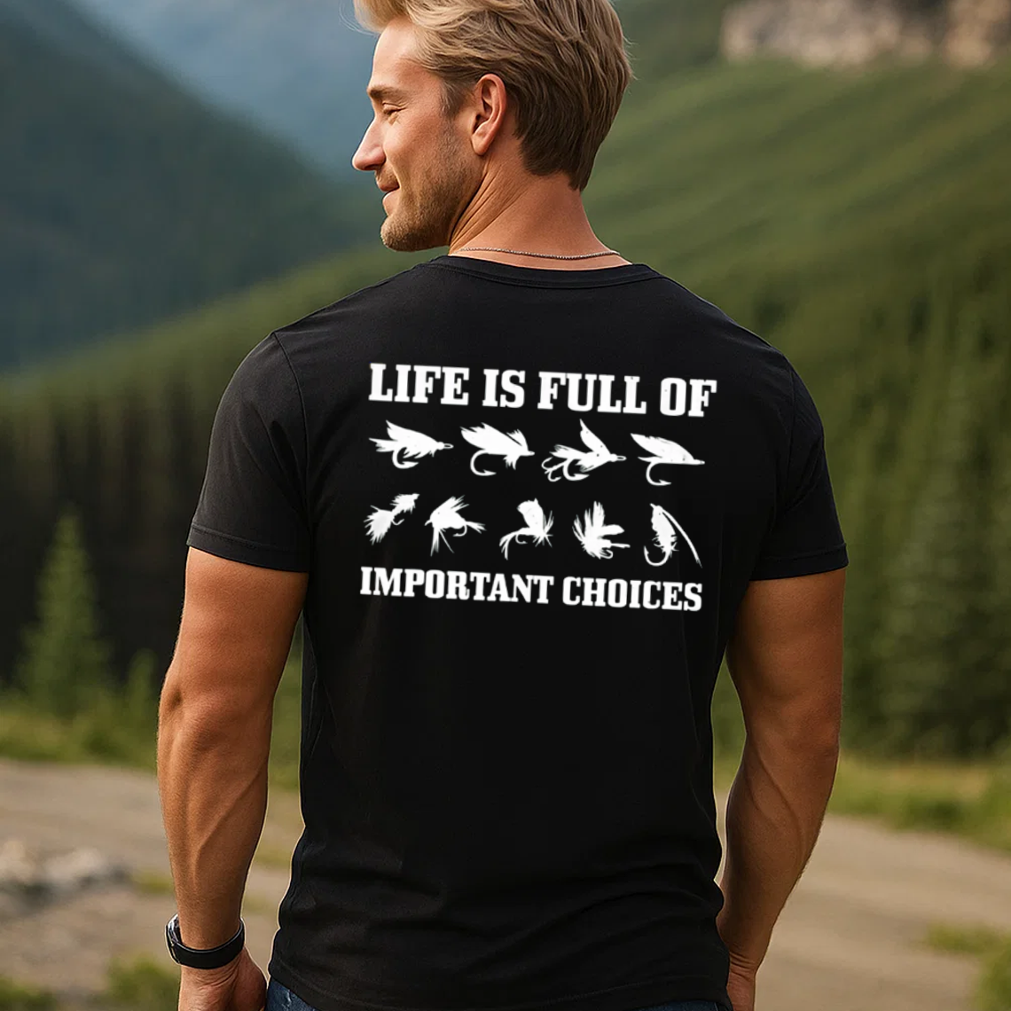 Life Is Full of Important Choices Fishing T-Shirt, Funny Fly Fishing Lure Tee for Anglers