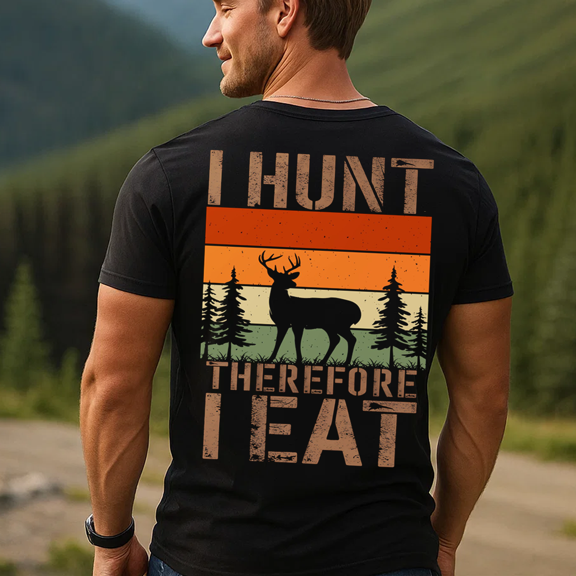 I Hunt Therefore I Eat T-Shirt, Funny Deer Hunting Tee for Men, Retro Hunter Gift Shirt