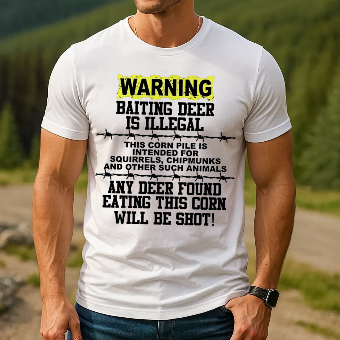 Funny Deer Hunting T-Shirt, Warning Baiting Deer Is Illegal Graphic Tee, Hunter Joke Shirt for Men