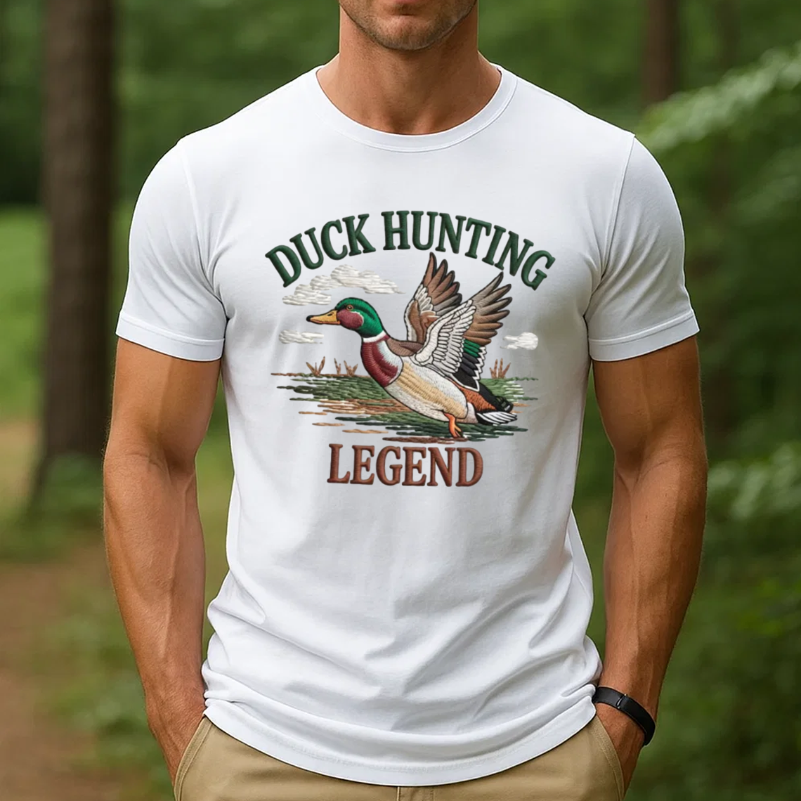 Duck Hunting Legend Embroidery T-Shirt, Waterfowl Hunting Graphic Tee for Men, Outdoor Hunter Embroidered Shirt Gift