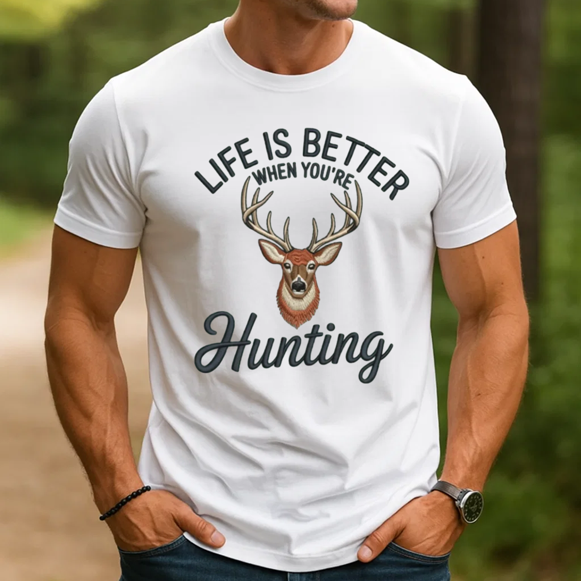 Life Is Better Hunting Embroidery T-Shirt, Deer Buck Hunting Graphic Tee for Men, Outdoor Hunter Embroidered Shirt Gift