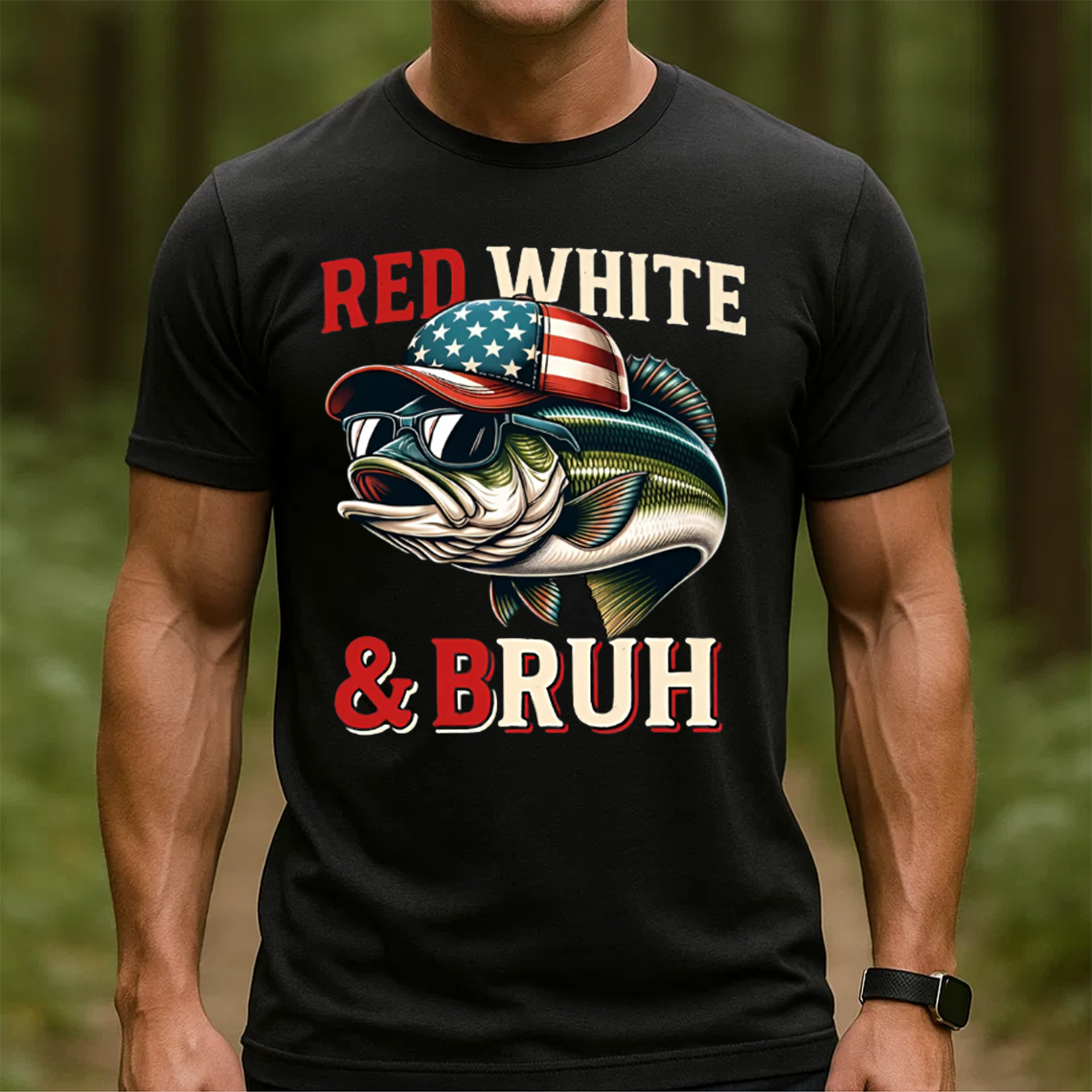Red White & Bruh T-Shirt, Funny Patriotic Fishing Shirt, American Flag Bass Fishing Tee
