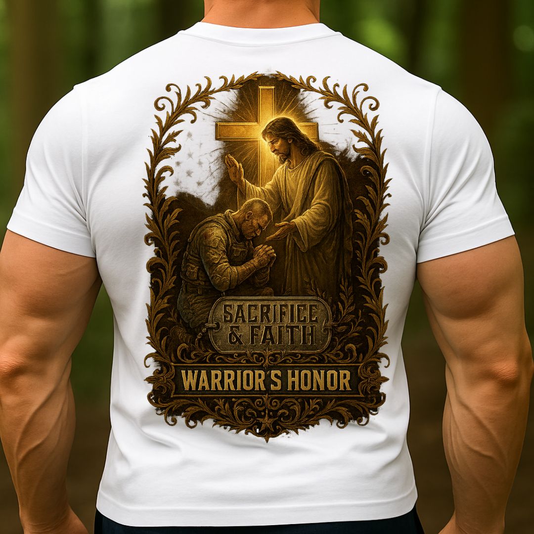 T-shirt Warrior’s Honor – Sacrifice & Faith Christian Soldier T-Shirt | Military Jesus Cross Tee