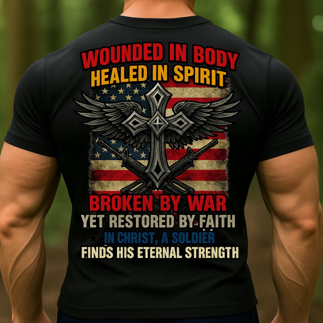 Christian Soldier T-Shirt, Wounded in Body Healed in Spirit | Cross Faith Military T-Shirt