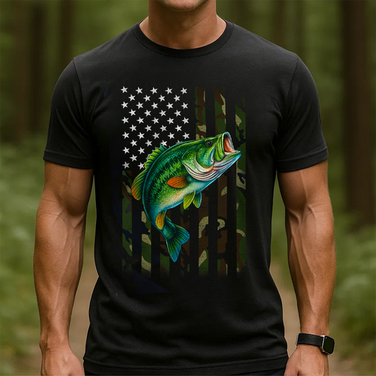 American Flag Camo Fishing T-Shirt, Patriotic Bass Fish Shirt, USA Angler Tee