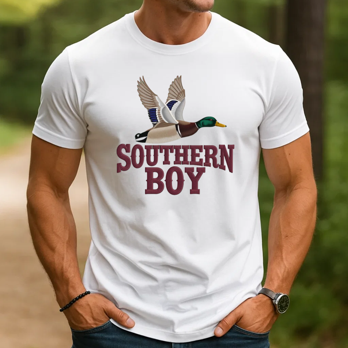 Southern Boy Embroidery T-Shirt, Duck Hunting Graphic Tee, Mallard Waterfowl Outdoor Embroidered Shirt Gift