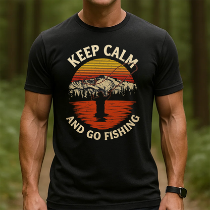 Keep Calm and Go Fishing T-Shirt, Retro Sunset Fisherman Shirt, Funny Angler Tee