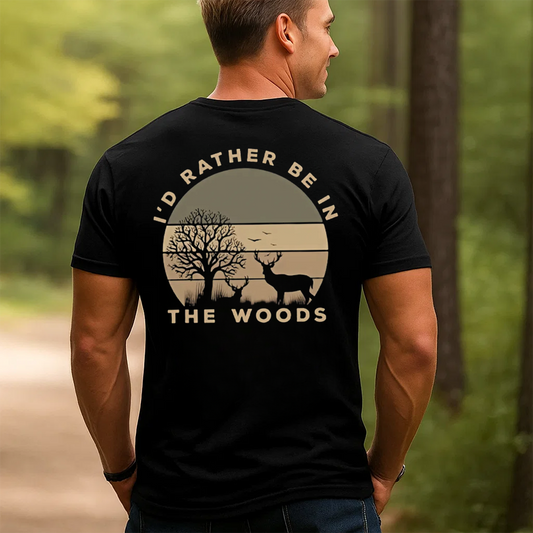 I'd Rather Be in The Woods T-Shirt, Funny Deer Hunting Shirt for Outdoorsmen, Nature & Camping Lovers