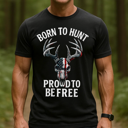 Born to Hunt Proud to Be Free T-Shirt, Patriotic Deer Skull Hunting Shirt with American Flag