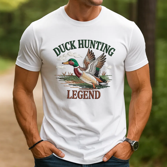 Duck Hunting Legend Embroidery T-Shirt, Waterfowl Hunting Graphic Tee for Men, Outdoor Hunter Embroidered Shirt Gift