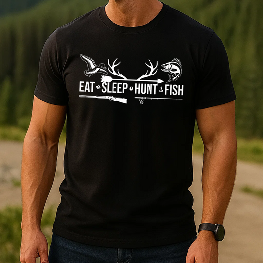 Eat Sleep Hunt Fish T-Shirt, Funny Hunting and Fishing Shirt for Outdoorsmen, Hunter & Fisher Gift Tee