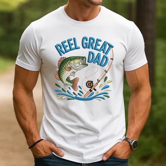 Reel Great Dad Embroidery T-Shirt, Funny Fishing Bass Graphic Tee, Fisherman Embroidered Shirt Gift