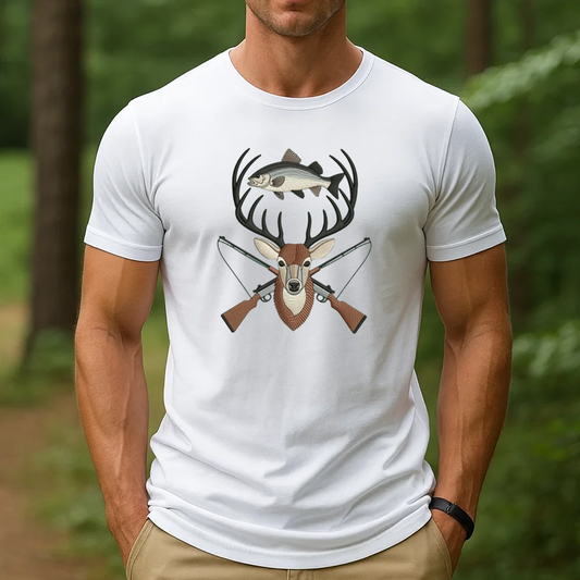 Deer and Fish Embroidery T-Shirt, Hunting and Fishing Graphic Tee, Wildlife Embroidered Shirt Gift