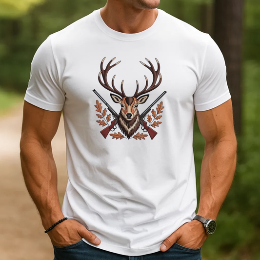 Deer Hunting Embroidery T-Shirt, Buck Head with Rifles Outdoor Hunter Graphic Tee, Wildlife Embroidered Shirt Gift