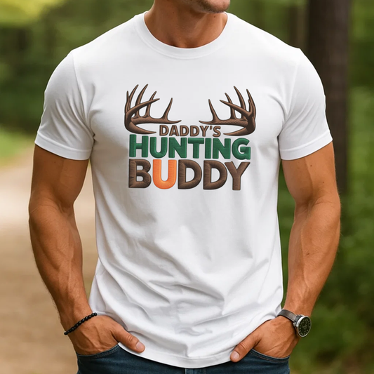 Daddy’s Hunting Buddy Embroidery T-Shirt, Deer Antler Hunting Graphic Tee, Outdoor Hunter Shirt Gift