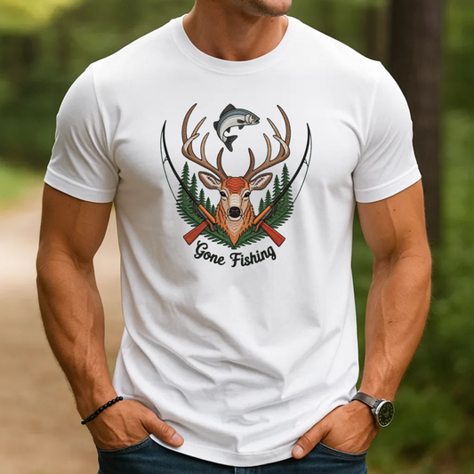 Gone Fishing Embroidery T-Shirt, Deer Buck and Fish Hunting Graphic Tee, Outdoor Wildlife Embroidered Shirt Gift