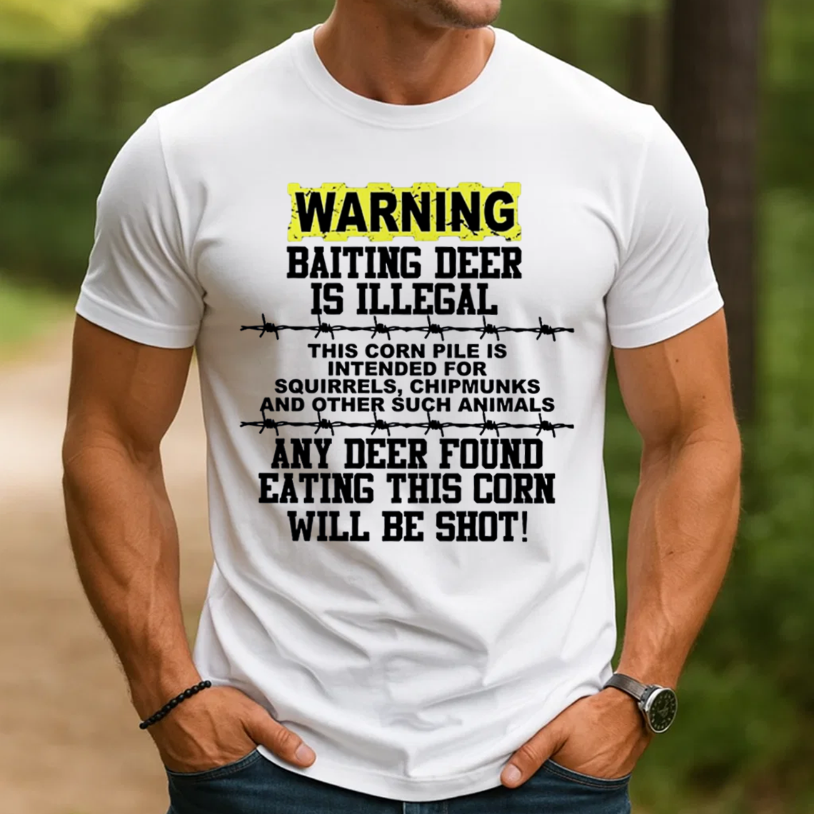 Funny Deer Hunting T-Shirt, Warning Baiting Deer Is Illegal Graphic Tee, Hunter Joke Shirt for Men