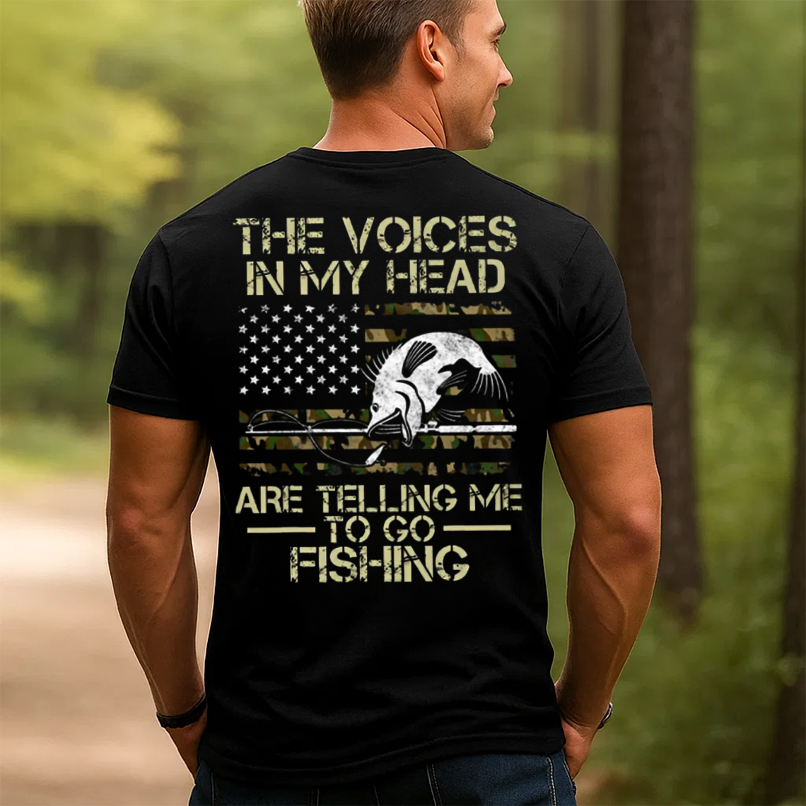 Funny Fishing T-Shirt for Men, The Voices in My Head Are Telling Me to Go Fishing Shirt, Bass Fish American Flag Tee