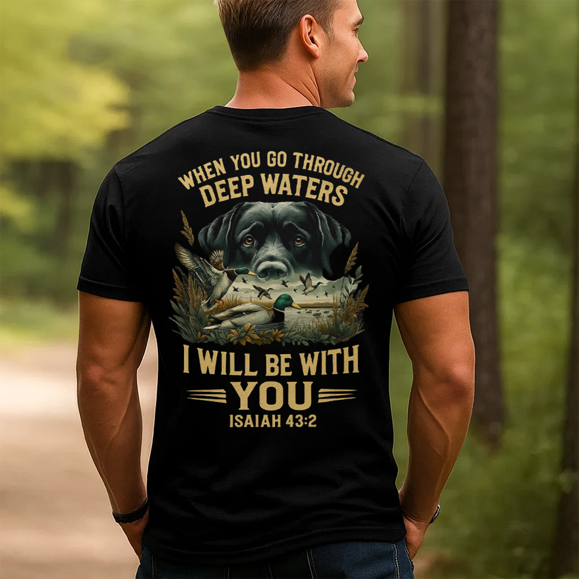 When You Go Through Deep Waters I Will Be With You T-Shirt, Isaiah 43:2 Bible Verse Christian Shirt with Dog and Duck Hunting Design