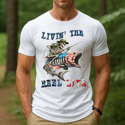 Livin' The Reel Life Skeleton Fishing T-Shirt, Funny Fishing Apparel, Patriotic Fishing Tee