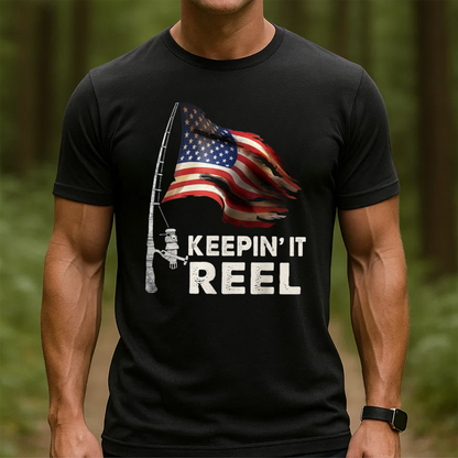 Keepin’ It Reel Fishing Shirt, American Flag Patriotic Funny Fisher T-Shirt Gift