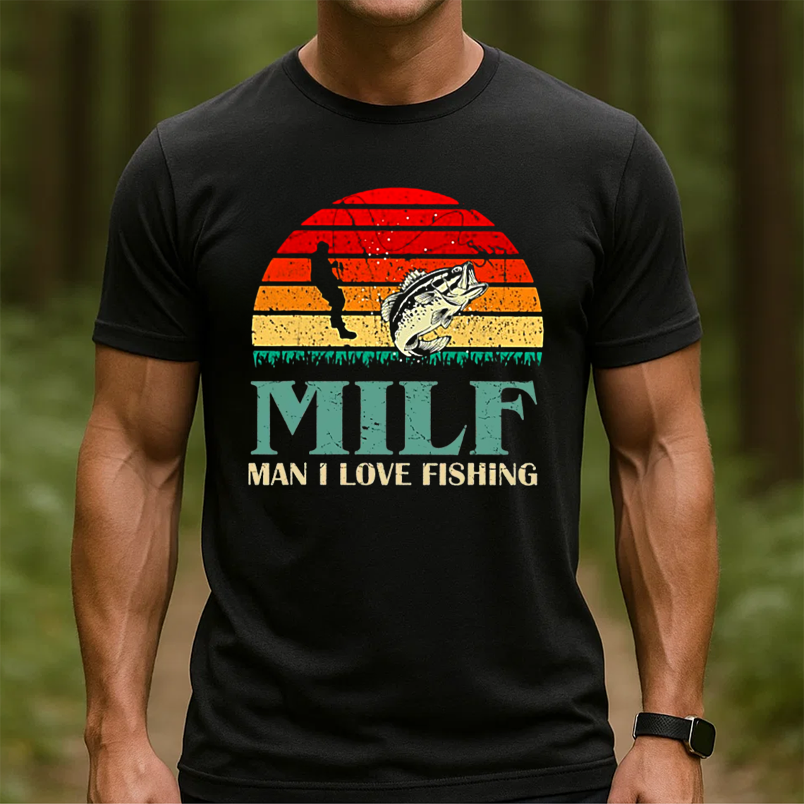 MILF Man I Love Fishing T-Shirt, Funny Bass Fishing Shirt, Retro Sunset Angler Tee, Fisherman Gift Idea