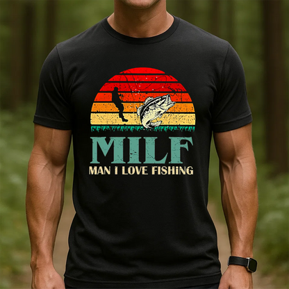 MILF Man I Love Fishing T-Shirt, Funny Bass Fishing Shirt, Retro Sunset Angler Tee, Fisherman Gift Idea