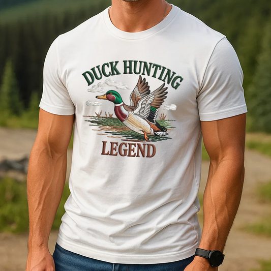 Duck Hunting Legend Embroidery T-Shirt, Waterfowl Hunting Graphic Tee for Men, Outdoor Hunter Embroidered Shirt Gift