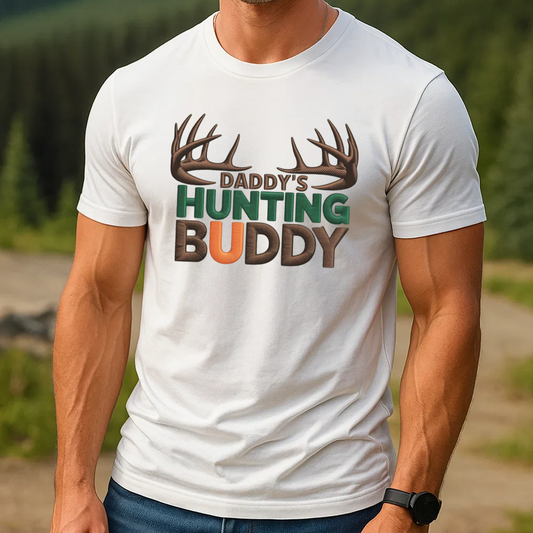 Daddy’s Hunting Buddy Embroidery T-Shirt, Deer Antler Hunting Graphic Tee, Outdoor Hunter Shirt Gift