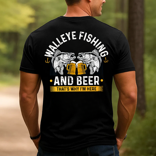 Walleye Fishing and Beer T-Shirt, Funny Fisherman Gift Tee for Men, Drinking Fishing Shirt