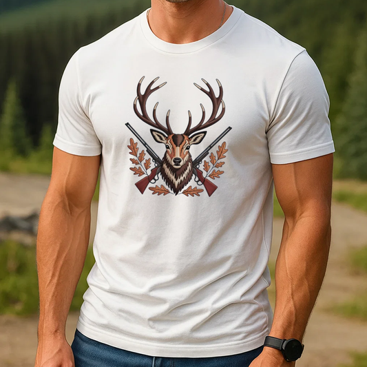 Deer Hunting Embroidery T-Shirt, Buck Head with Rifles Outdoor Hunter Graphic Tee, Wildlife Embroidered Shirt Gift