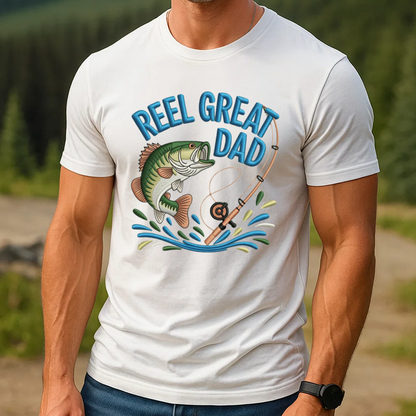 Reel Great Dad Embroidery T-Shirt, Funny Fishing Bass Graphic Tee, Fisherman Embroidered Shirt Gift