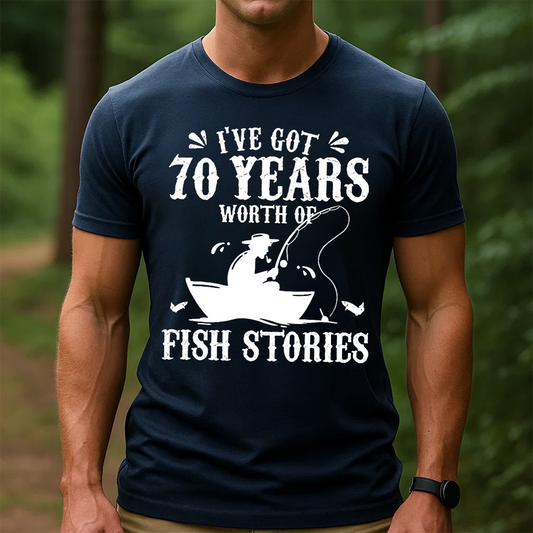 70 Years Worth of Fish Stories T-Shirt, Funny 70th Birthday Fishing Shirt, Fisherman Grandpa Gift Tee