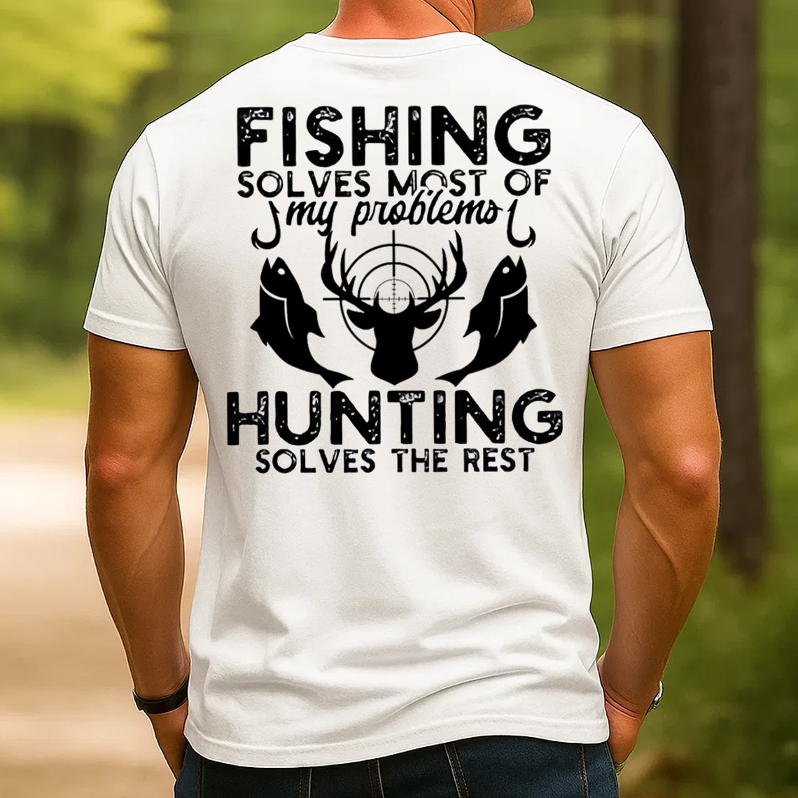 Fishing Solves Most of My Problems Hunting Solves the Rest T-Shirt, Funny Fisherman Hunter Gift Tee