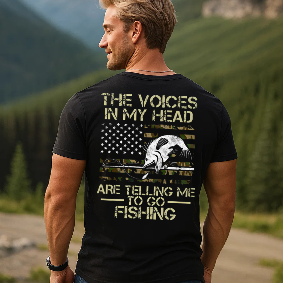 Funny Fishing T-Shirt for Men, The Voices in My Head Are Telling Me to Go Fishing Shirt, Bass Fish American Flag Tee