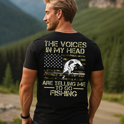 Funny Fishing T-Shirt for Men, The Voices in My Head Are Telling Me to Go Fishing Shirt, Bass Fish American Flag Tee