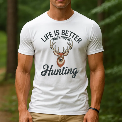 Life Is Better Hunting Embroidery T-Shirt, Deer Buck Hunting Graphic Tee for Men, Outdoor Hunter Embroidered Shirt Gift