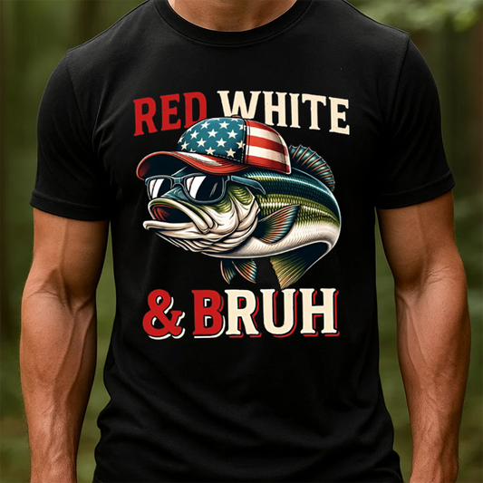 Red White & Bruh T-Shirt, Funny Patriotic Fishing Shirt, American Flag Bass Fishing Tee