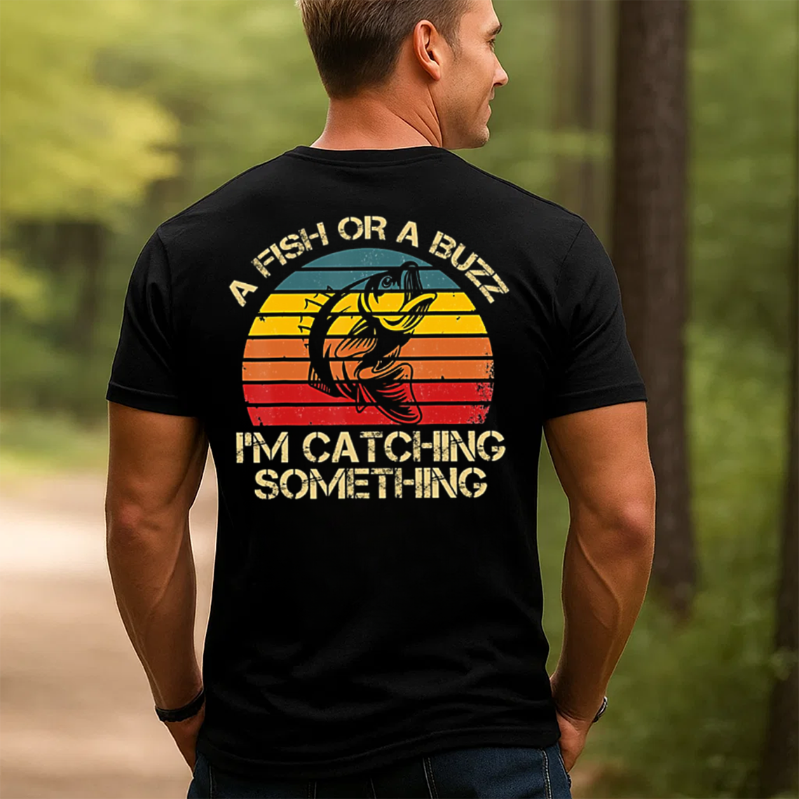 Funny Fishing T-Shirt, A Fish or a Buzz I’m Catching Something Retro Vintage Bass Graphic Tee Gift