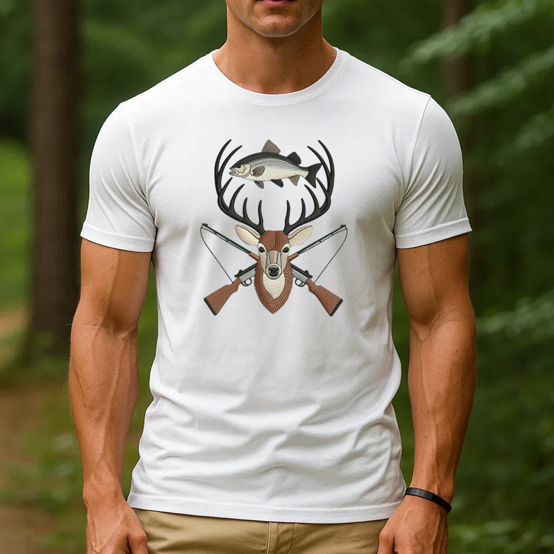 Deer and Fish Embroidery T-Shirt, Hunting and Fishing Graphic Tee, Wildlife Embroidered Shirt Gift