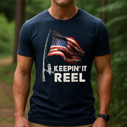 Keepin’ It Reel Fishing Shirt, American Flag Patriotic Funny Fisher T-Shirt Gift