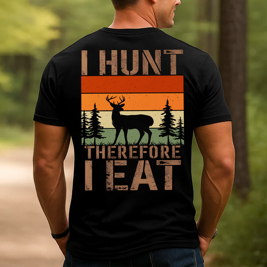 I Hunt Therefore I Eat T-Shirt, Funny Deer Hunting Tee for Men, Retro Hunter Gift Shirt