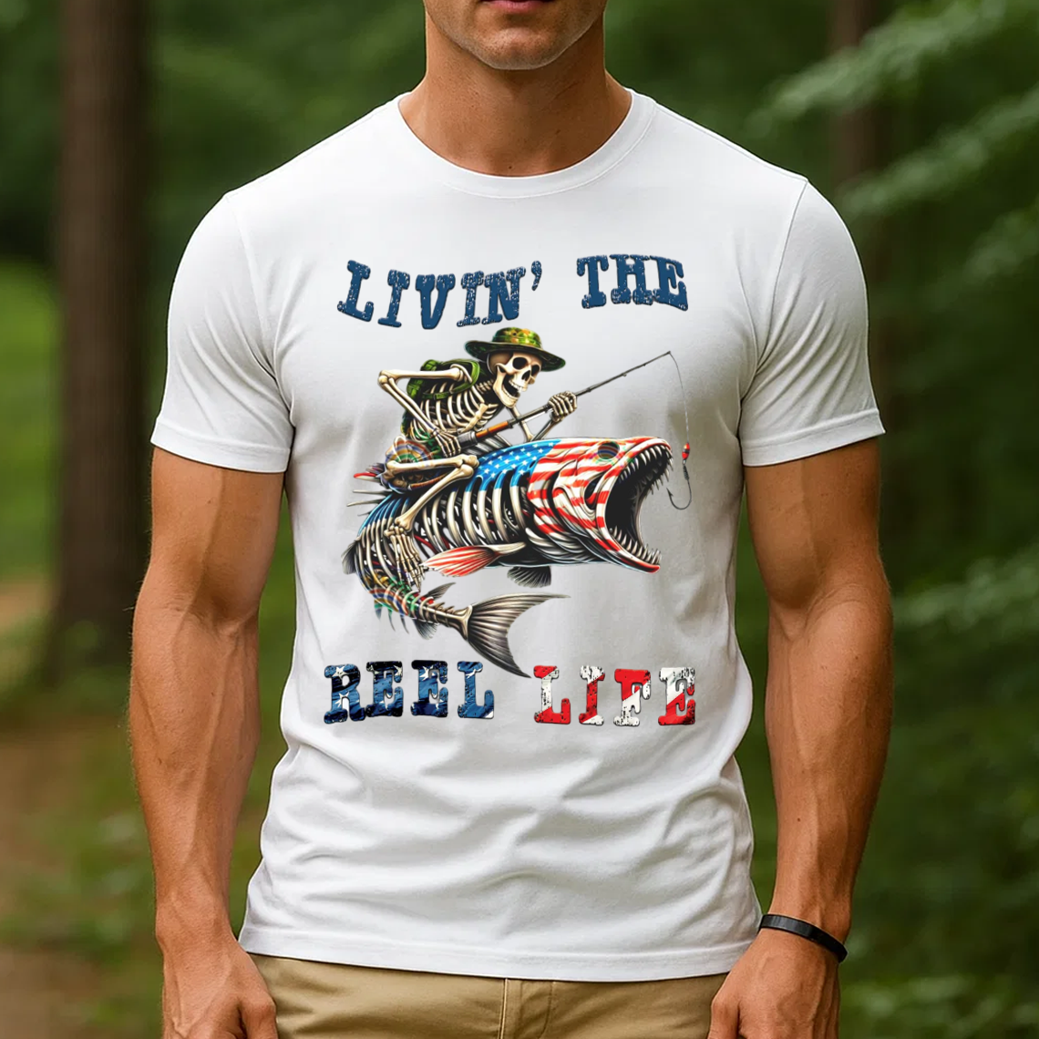 Livin' The Reel Life Skeleton Fishing T-Shirt, Funny Fishing Apparel, Patriotic Fishing Tee