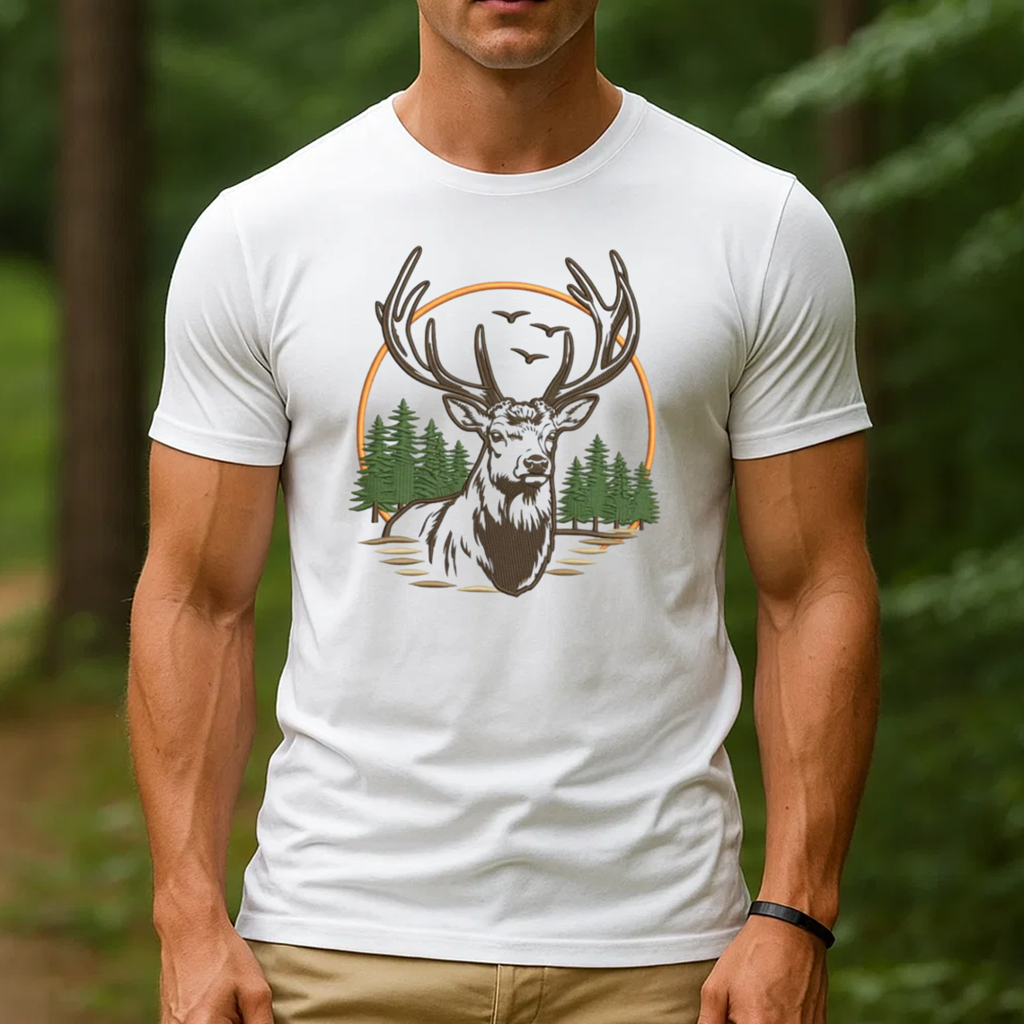 Deer Embroidery T-Shirt, Hunting Buck Graphic Tee, Outdoor Wildlife Embroidered Shirt Gift