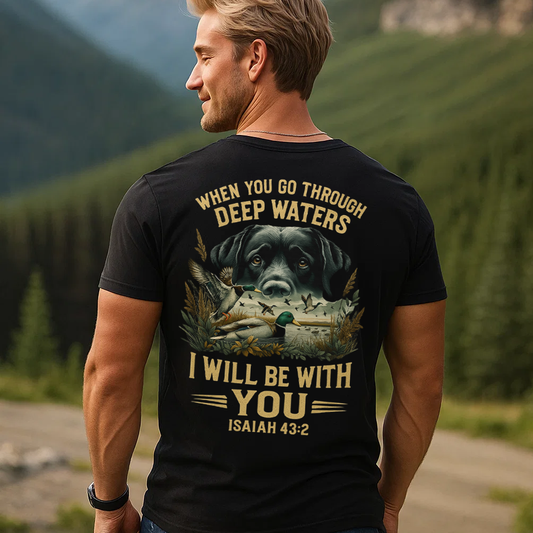 When You Go Through Deep Waters I Will Be With You T-Shirt, Isaiah 43:2 Bible Verse Christian Shirt with Dog and Duck Hunting Design