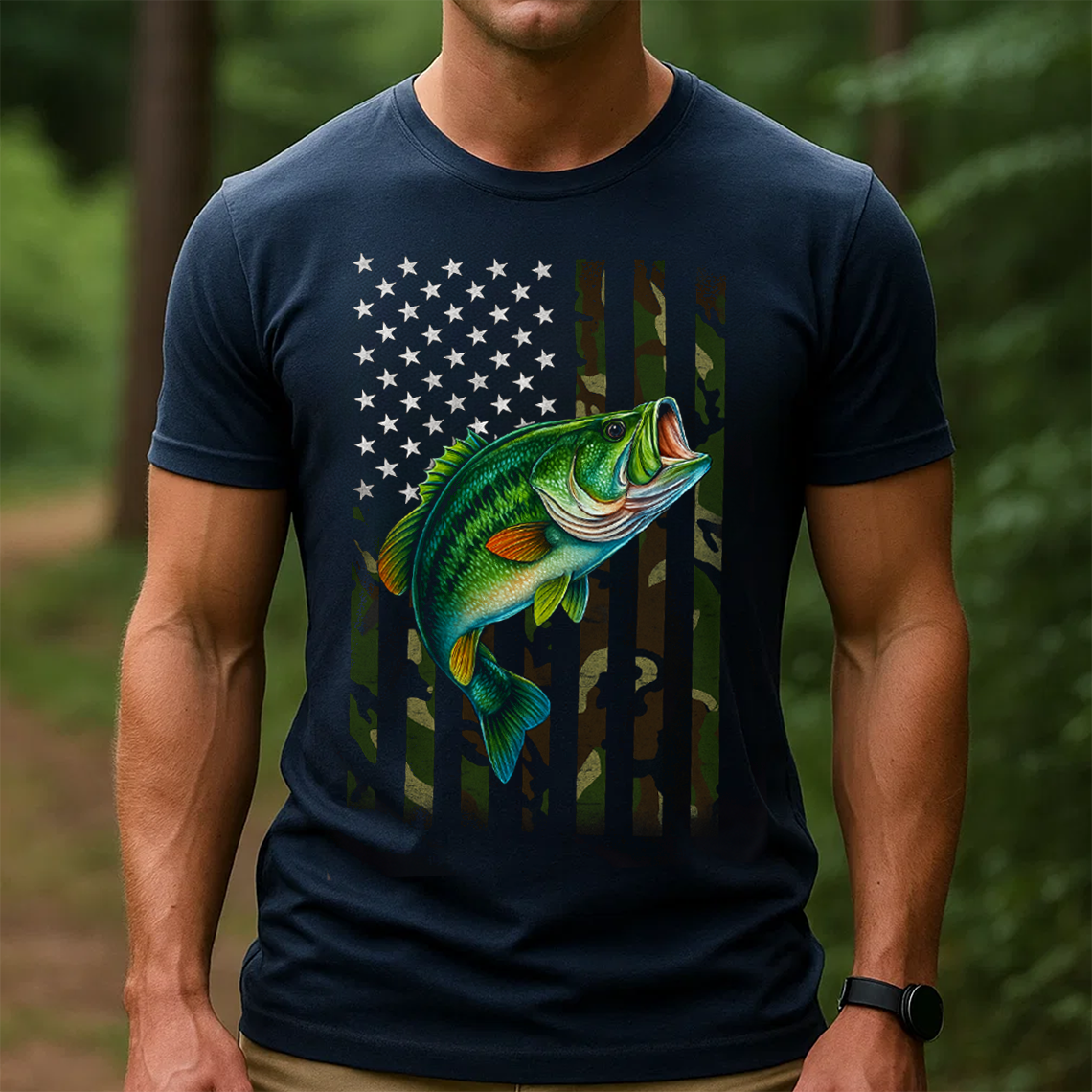 American Flag Camo Fishing T-Shirt, Patriotic Bass Fish Shirt, USA Angler Tee