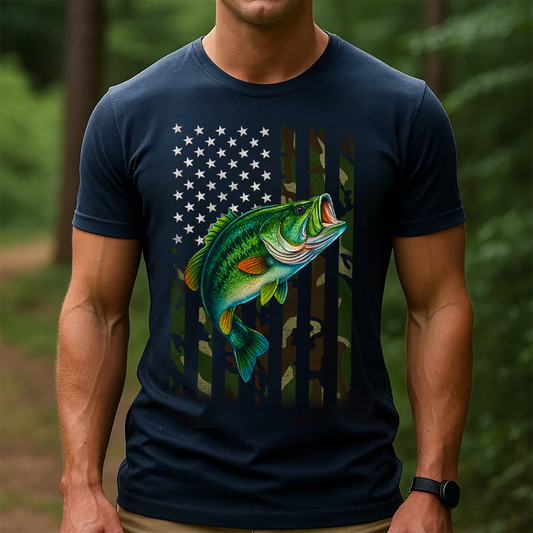American Flag Camo Fishing T-Shirt, Patriotic Bass Fish Shirt, USA Angler Tee